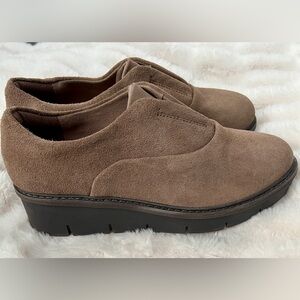 Clark’s Airabella Sky Pebble Suede Wedge Loafers